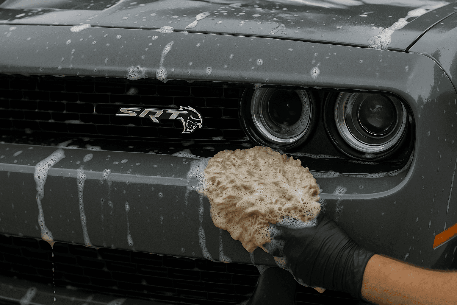 Foam-covered Dodge Challenger SRT front end being hand washed during The Grand Gleam full restoration detail